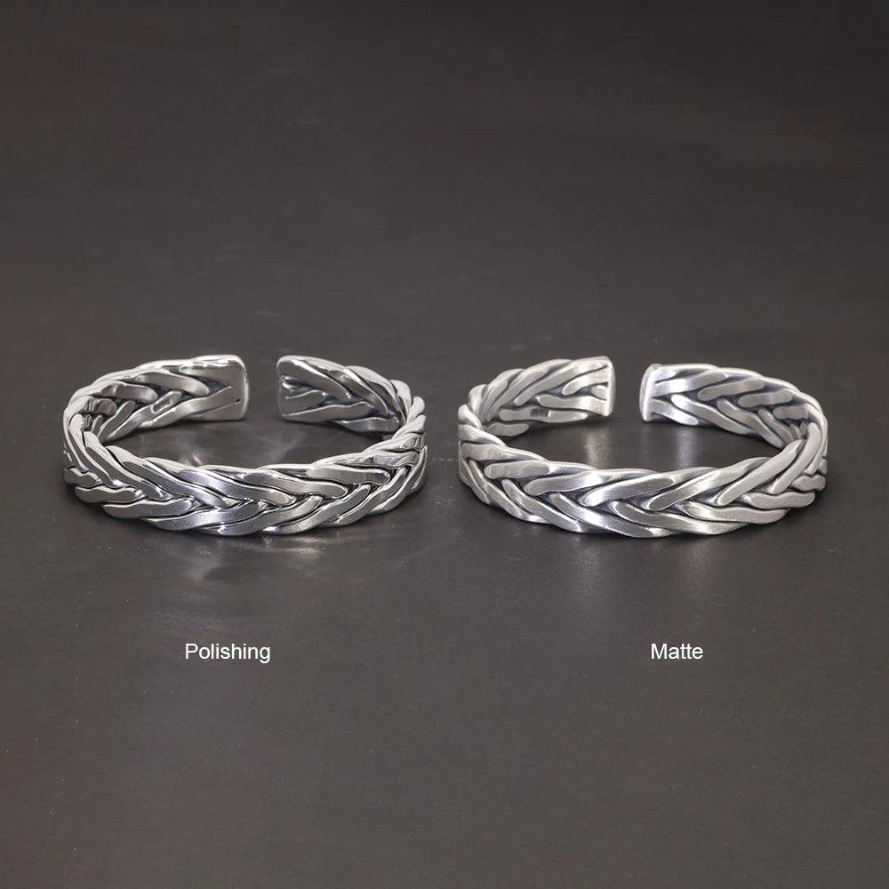 Heavy 999 Sterling Silver Braided Bracelet For Men Retro Solid Thick Handmade Viking Jewelry Opening Adjustable - GQTORCH Jewelry