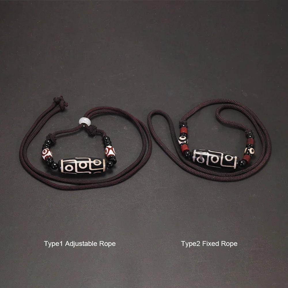 Natural Tibetan Onyx 3 Eyes Dzi Pendant Necklace Adjustable Rope Chain Choker Necklace For Women And Men Buddhism Jewelry - GQTORCH Jewelry