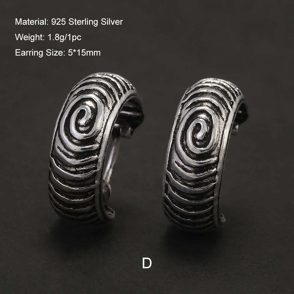 Real 925 Sterling Silver Retro Hoop Earrings for Women Men Geometric Heart Wheat Leaf Whale Vintage Punk Rock Ear Jewelry Gift