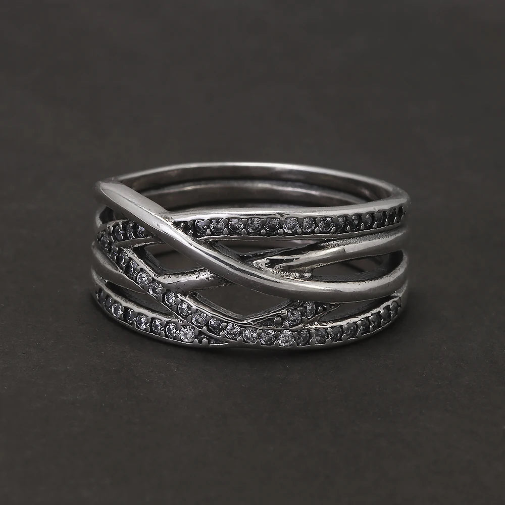 925 Sterling Silver Zircon Braid Ring for Women Closed Irregular Minimalist Vintage Party Female Finger Jewelry