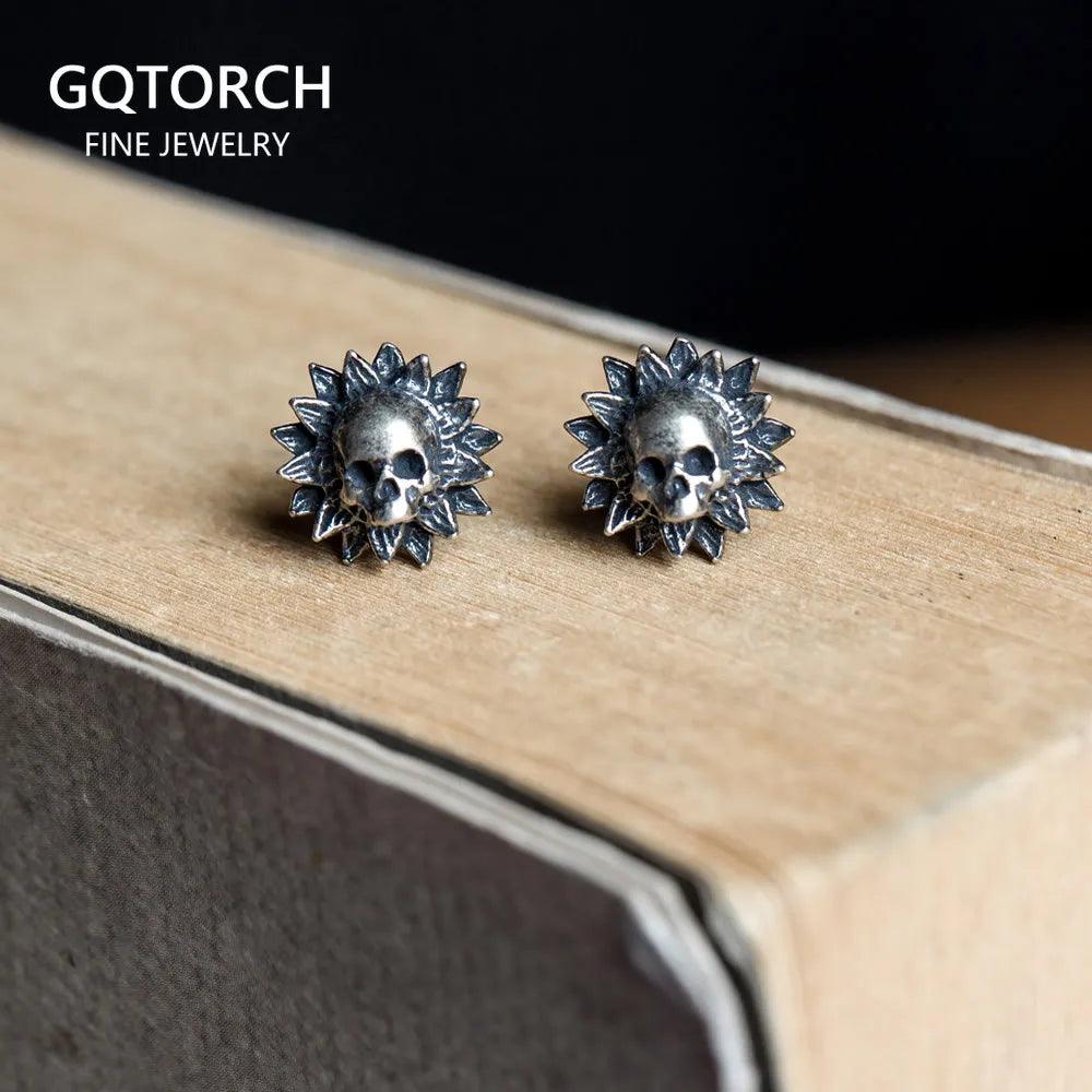 Real 925 Sterling Silver Skeleton Earrings For Women Sunflower Shape Gothic Punk Style - GQTORCH Jewelry