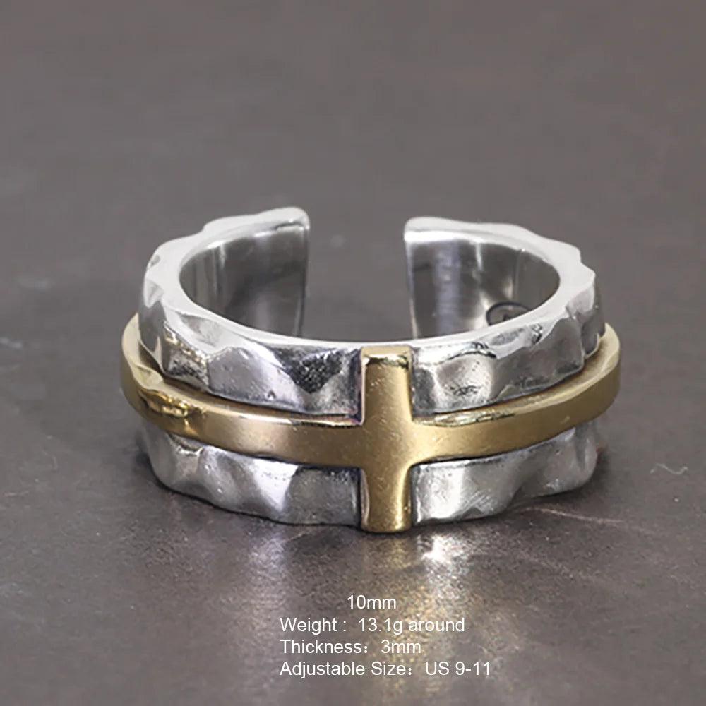 S925 Sterling Silver Thai Silver Ring Vintage Men's and Women's Wide Cross Ring Opening Adjustable Jewelry - GQTORCH Jewelry