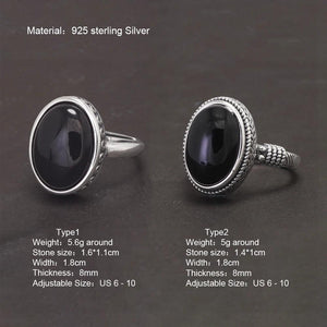 Vintage 925 Sterling Silver Rings Black Stone for Men and Women Oval Natural Agate Opening Type Fine Jewelry - GQTORCH Jewelry