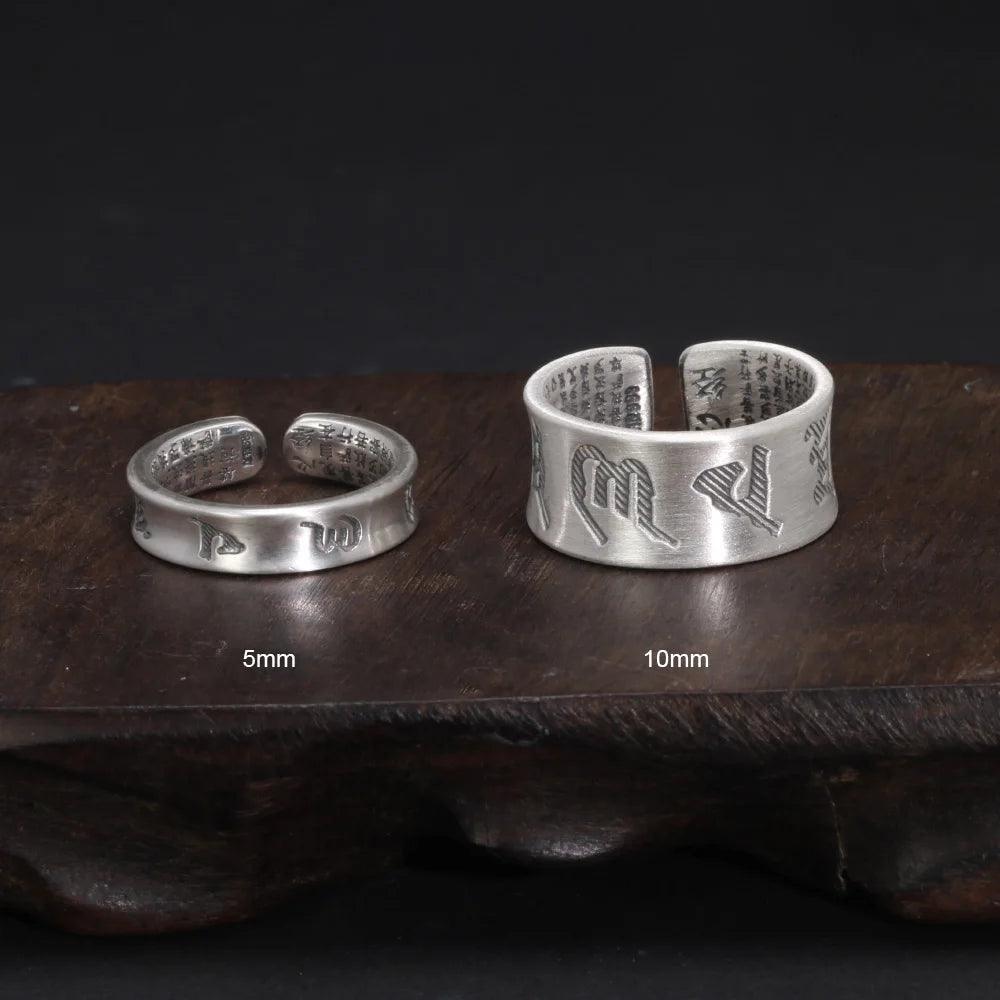 Real 999 Pure Silver Buddhist Mantra Rings for Men and Women Prajnaparamita Hrdaya Sutra Adjustable Religion Jewellery - GQTORCH Jewelry