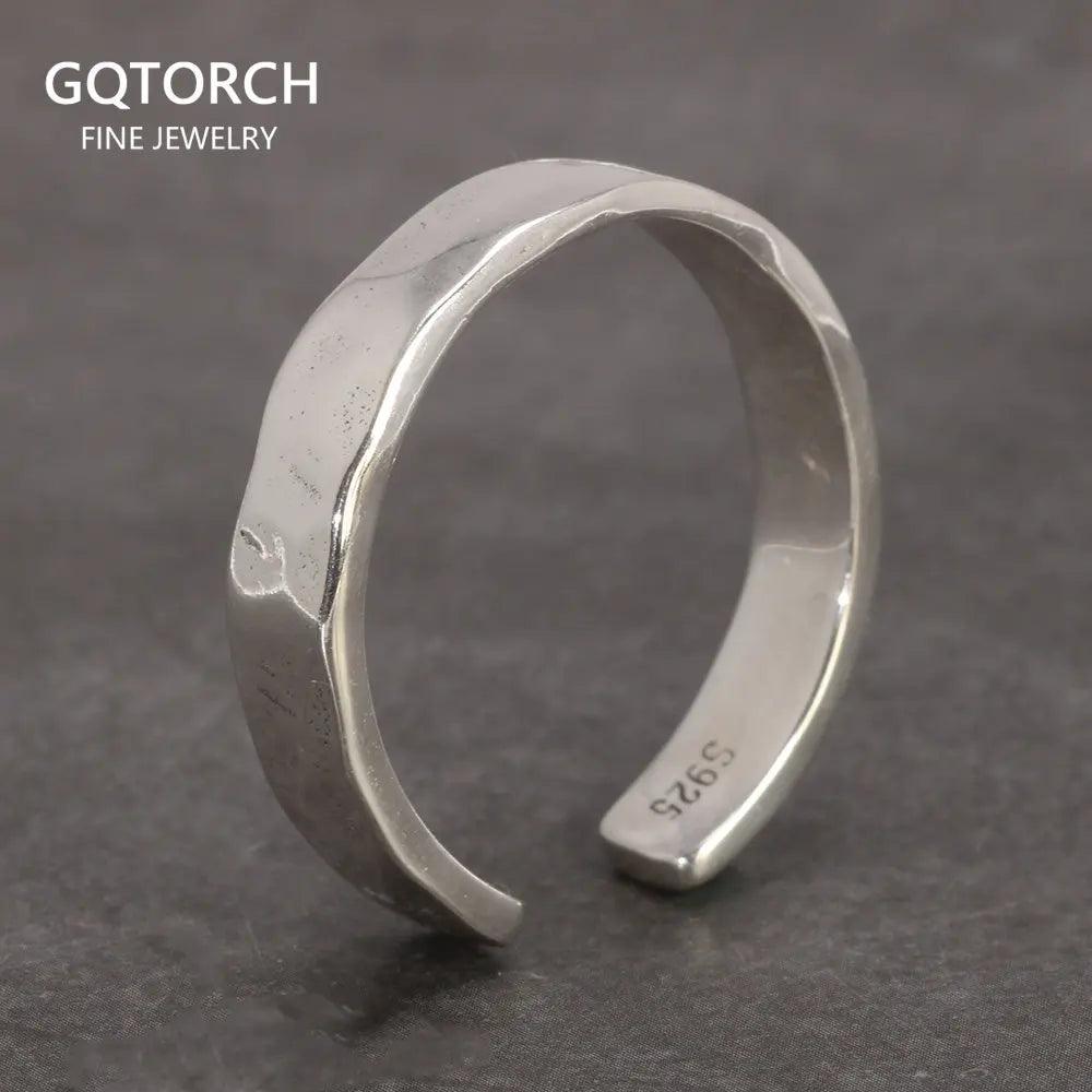 Sterling Silver S925 Bright Hand Hammer Pattern Men's and Women's Rings Minimalist Adjustable Jewelry - GQTORCH Jewelry