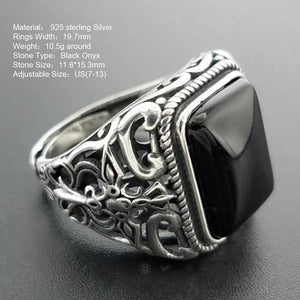 Real 925 Sterling Silver Vintage Rings For Men Natural Black Onyx Stone Square Shape Hollow Cross Flower Carved Punk Jewelry - GQTORCH Jewelry