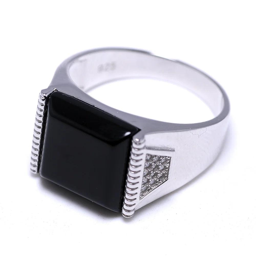 Solid Silver 925 Mens Rings Minimalist Turkish Rings For Men Black Square Natural Stone Turkey Male Jewelry Bague Homme - GQTORCH Jewelry