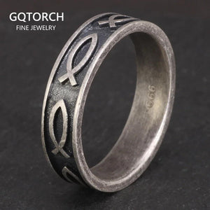 100% Real 999 Sterling Silver Jesus Fish Ring For Men Women 7 Fishes Antique Processing Ichthys Ichtus Christian Jewelry - GQTORCH Jewelry