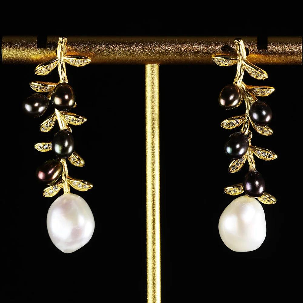Wholesale 925 Sterling Silver Flower Dangle Earrings For Women With Natural Irregular Baroque Pearl Black and White Colors - GQTORCH Jewelry