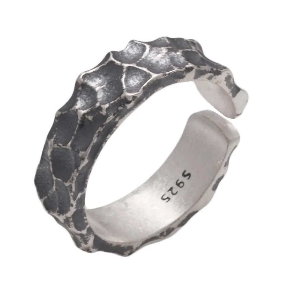 Real 925 Sterling Silver Mens Rings Open Type Hammer Pattern Retro Punk Viking Jewelry Resizable - GQTORCH Jewelry