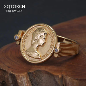 Queen Elizabeth Flipping Silver Coin Reversible Ring Women 925 Sterling Silver Gold Plated US Size 7 Rotating Vintage Jewelry - GQTORCH Jewelry