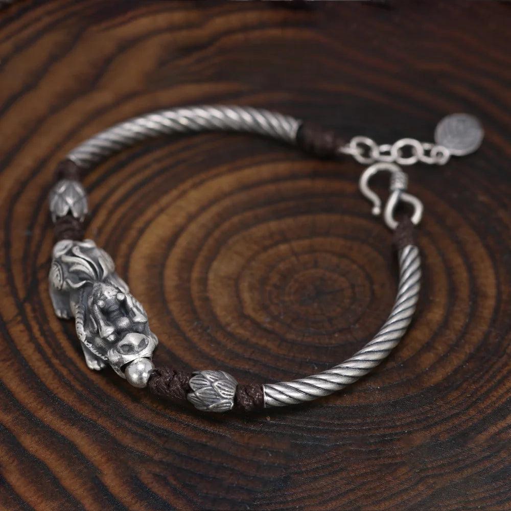 999 Silver Men and Women Pixiu Lucky Handmade Bracelet Leather Rope Adjustable Bracelet Lotus Leaf Fashion Animal Fish Jewelry - GQTORCH Jewelry