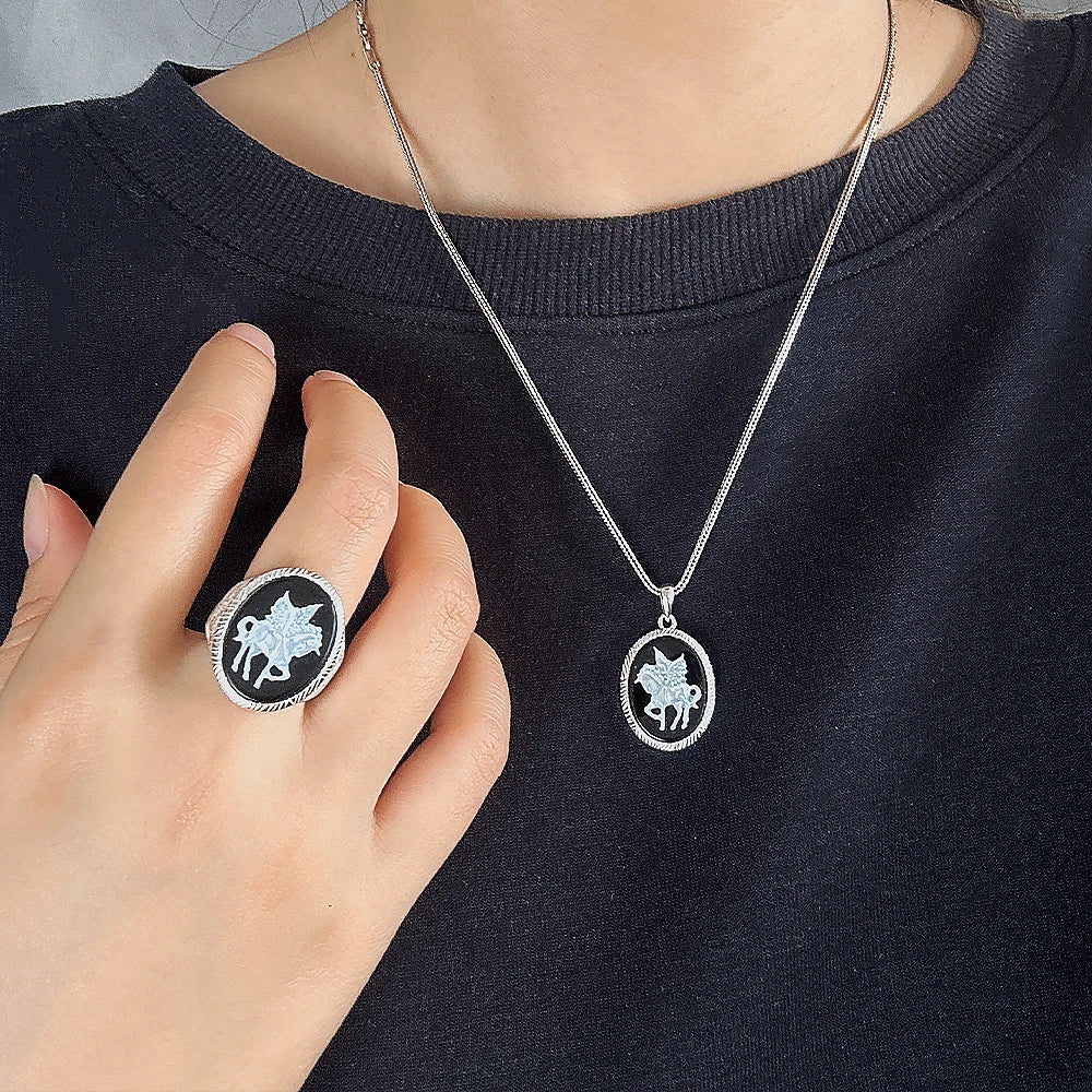 925 Sterling Silver Unicorn Cameo Onyx Ring Woman Black Onyx Earrings Pendant Round Shaped Fashion Vintage Jewelry Set