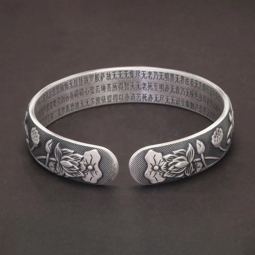 999 Pure Silver Buddhist Fish Lotus Bracelet Heart Sutra Engraved Open Cuff Bangle Vintage Adjustable Handmade Spiritual Jewelry - GQTORCH Jewelry