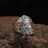 Real Pure 925 Sterling Silver Half Face Sugar Skull Ring With Rose Flower Carving Vintage Punk Thai Silver Jewelry Personality - GQTORCH Jewelry