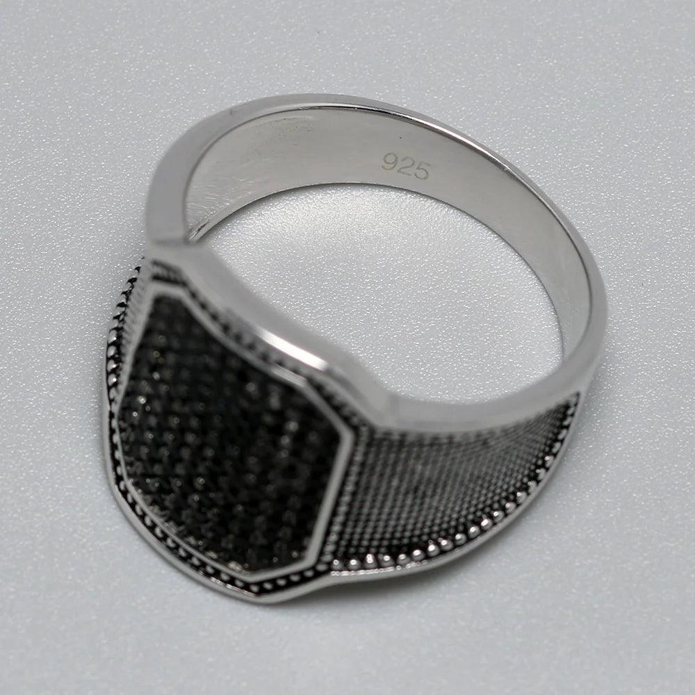 Solid 925 Silver Rings Cool Retro Vintage Turkish Ring Wedding Jewelry For Men Black Zircon Stone Curved Design Comfortable Fits - GQTORCH Jewelry