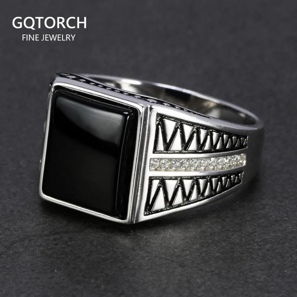 Real 925 Sterling Silver Black Onyx Ring For Men Natural Stone Micro Paved Cubic Zircon Simple Lines Design Turkish Jewelry - GQTORCH Jewelry