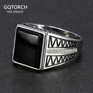 Real 925 Sterling Silver Black Onyx Ring For Men Natural Stone Micro Paved Cubic Zircon Simple Lines Design Turkish Jewelry - GQTORCH Jewelry