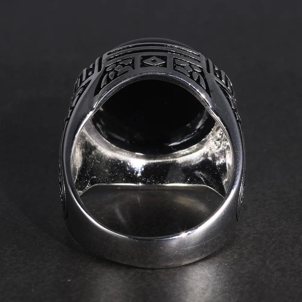 Real Pure 925 Silver Rings Cool Vintage Ring With Round Black Natural Stones Turkish Rings For Men Sterling Silver Jewelry - GQTORCH Jewelry
