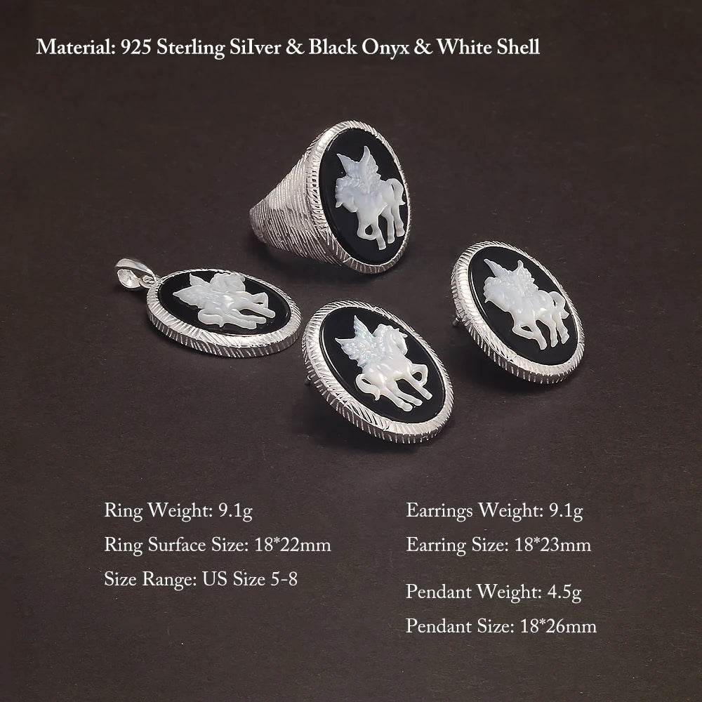925 Sterling Silver Unicorn Cameo Onyx Ring Woman Black Onyx Earrings Pendant Round Shaped Fashion Vintage Jewelry Set