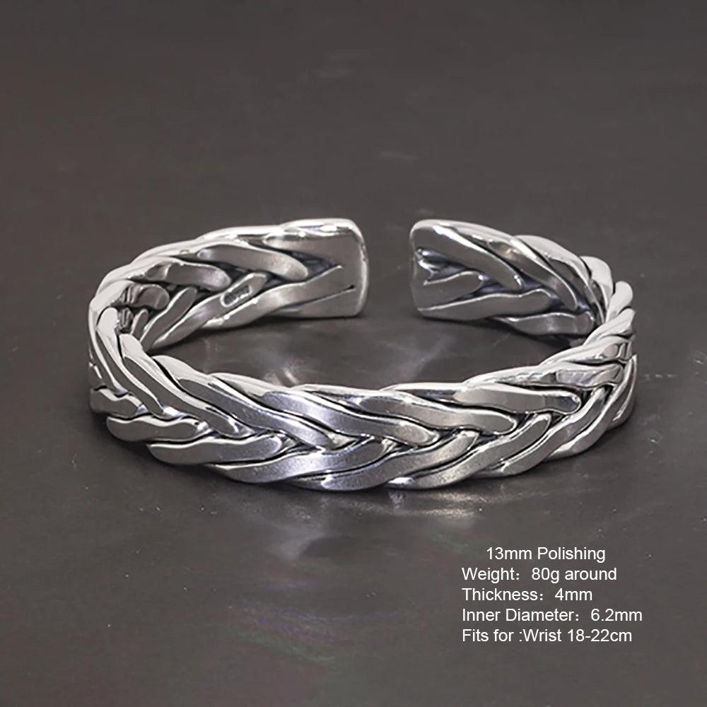 Heavy 999 Sterling Silver Braided Bracelet For Men Retro Solid Thick Handmade Viking Jewelry Opening Adjustable - GQTORCH Jewelry