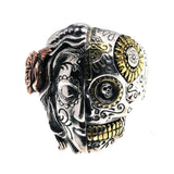 Real Pure 925 Sterling Silver Half Face Sugar Skull Ring With Rose Flower Carving Vintage Punk Thai Silver Jewelry Personality - GQTORCH Jewelry