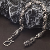 Solid 925 Silver Dragon Heads Six-words Bracelet for Men Women Mantra Beaded Chain Retro Punk Style Unisex Jewelry