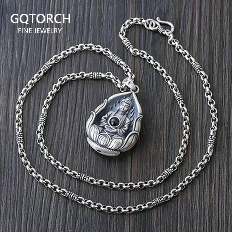 Real 999 Sterling Silver Guanyin Sits on Lotus Milefo Inside The Lens Buddha Mantra Pendant Retro Amulets Six Words Engraved - GQTORCH Jewelry