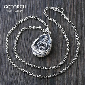 Real 999 Sterling Silver Guanyin Sits on Lotus Milefo Inside The Lens Buddha Mantra Pendant Retro Amulets Six Words Engraved - GQTORCH Jewelry