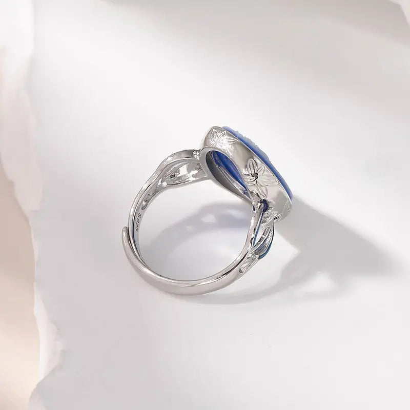 925 Sterling Silver Blue Agate Goddess Cameo Ring for Women White Shell Oval Shaped Fashion Statement Ring Vintage Jewelry