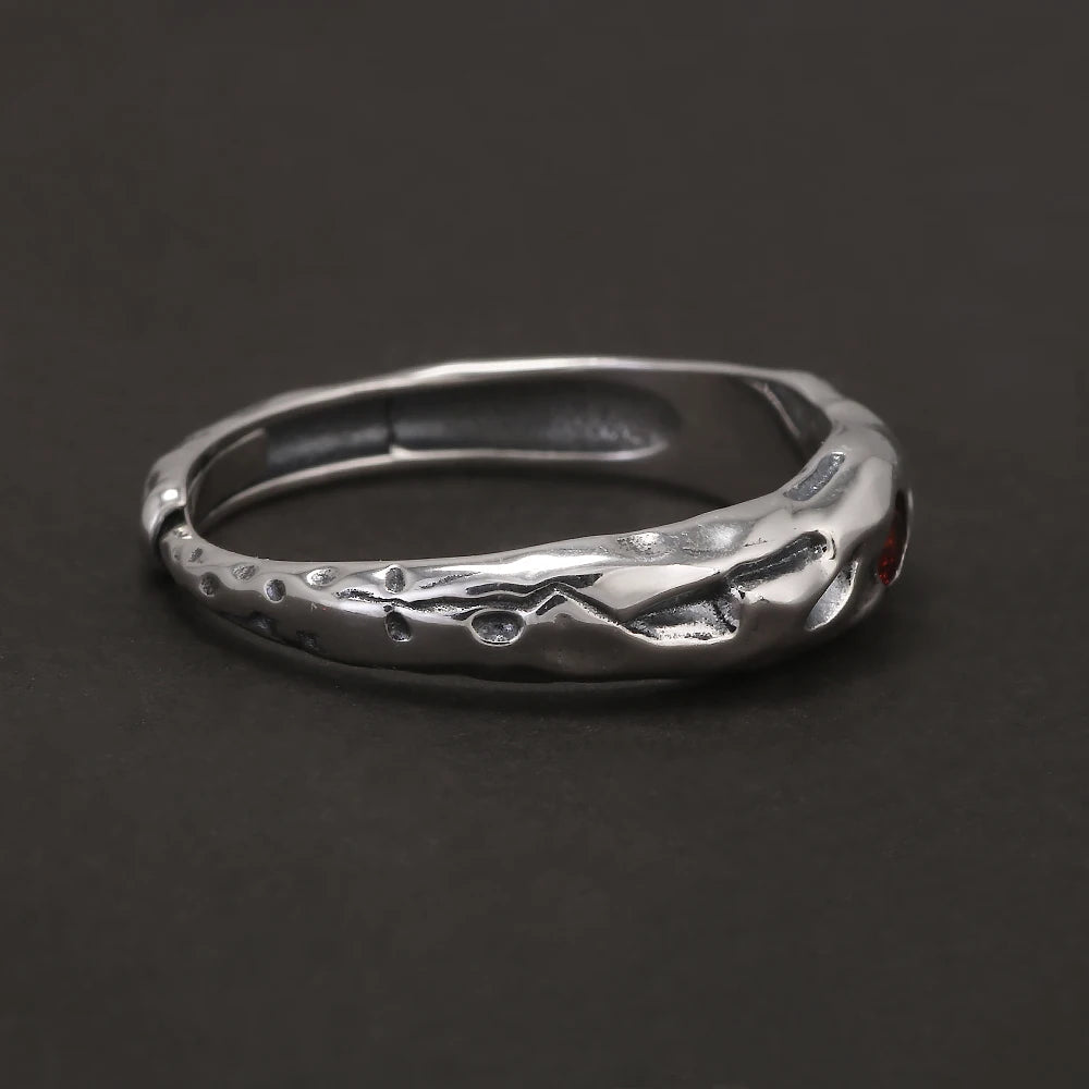 Solid 925 Sterling Silver Zircon Birthstone Ring for Women Irregular Hammered Adjustable Simple Fashion Daily Jewelry Party Gift
