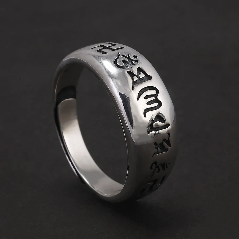 925 Sterling Silver Classic Om mani padme hum Ring Men Women Six Words Mantra Buddhist Avatamsaka Sutra Vintage Simple Jewelry