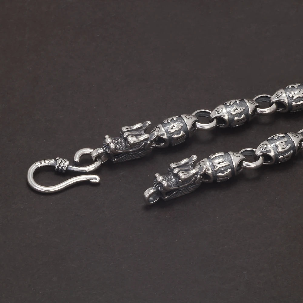 Solid 925 Silver Dragon Heads Six-words Bracelet for Men Women Mantra Beaded Chain Retro Punk Style Unisex Jewelry