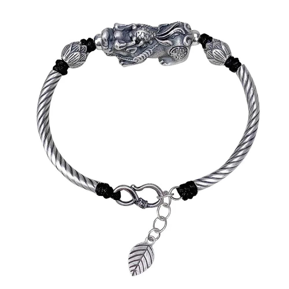 999 Silver Men and Women Pixiu Lucky Handmade Bracelet Leather Rope Adjustable Bracelet Lotus Leaf Fashion Animal Fish Jewelry - GQTORCH Jewelry
