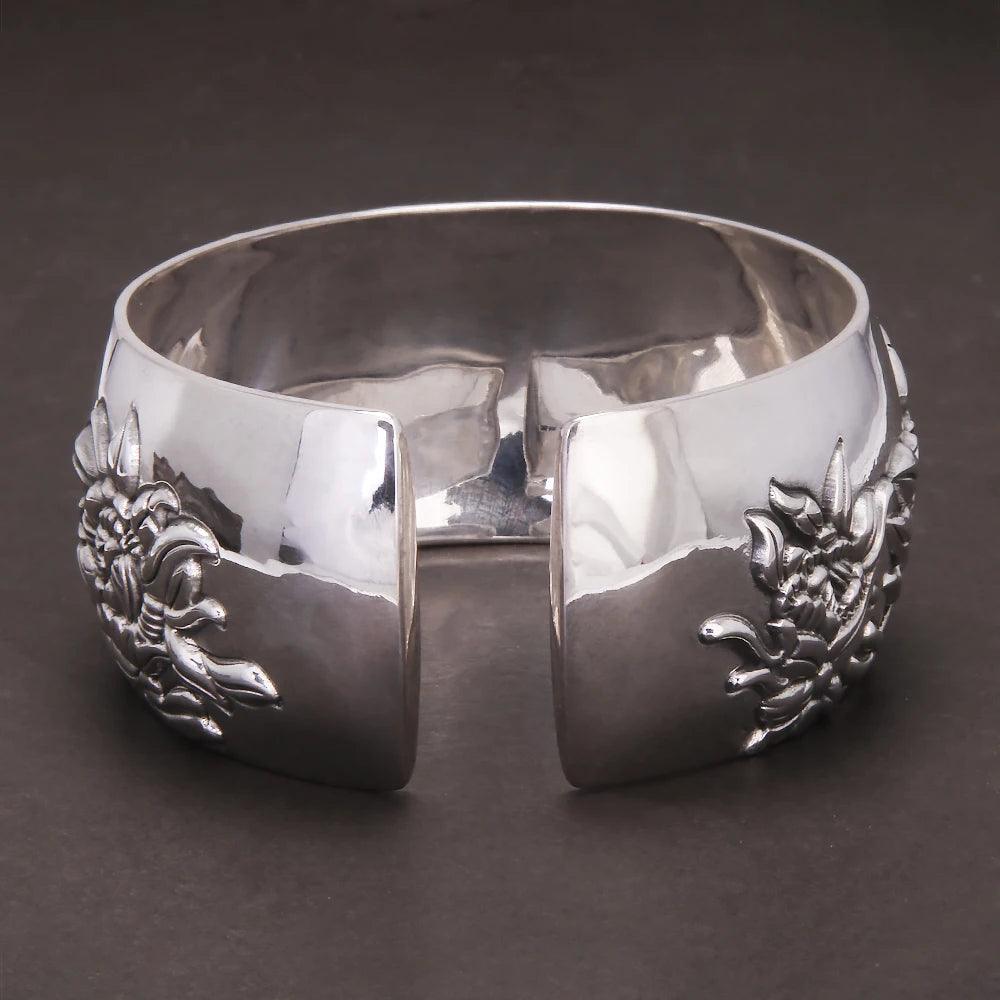999 Pure Silver Peony Flower Cuff Bangle for Women Large Exaggerated Wide Ethnic Style Female Jewelry Gift for Mom - GQTORCH Jewelry