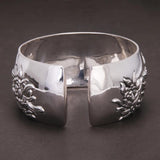 999 Pure Silver Peony Flower Cuff Bangle for Women Large Exaggerated Wide Ethnic Style Female Jewelry Gift for Mom - GQTORCH Jewelry