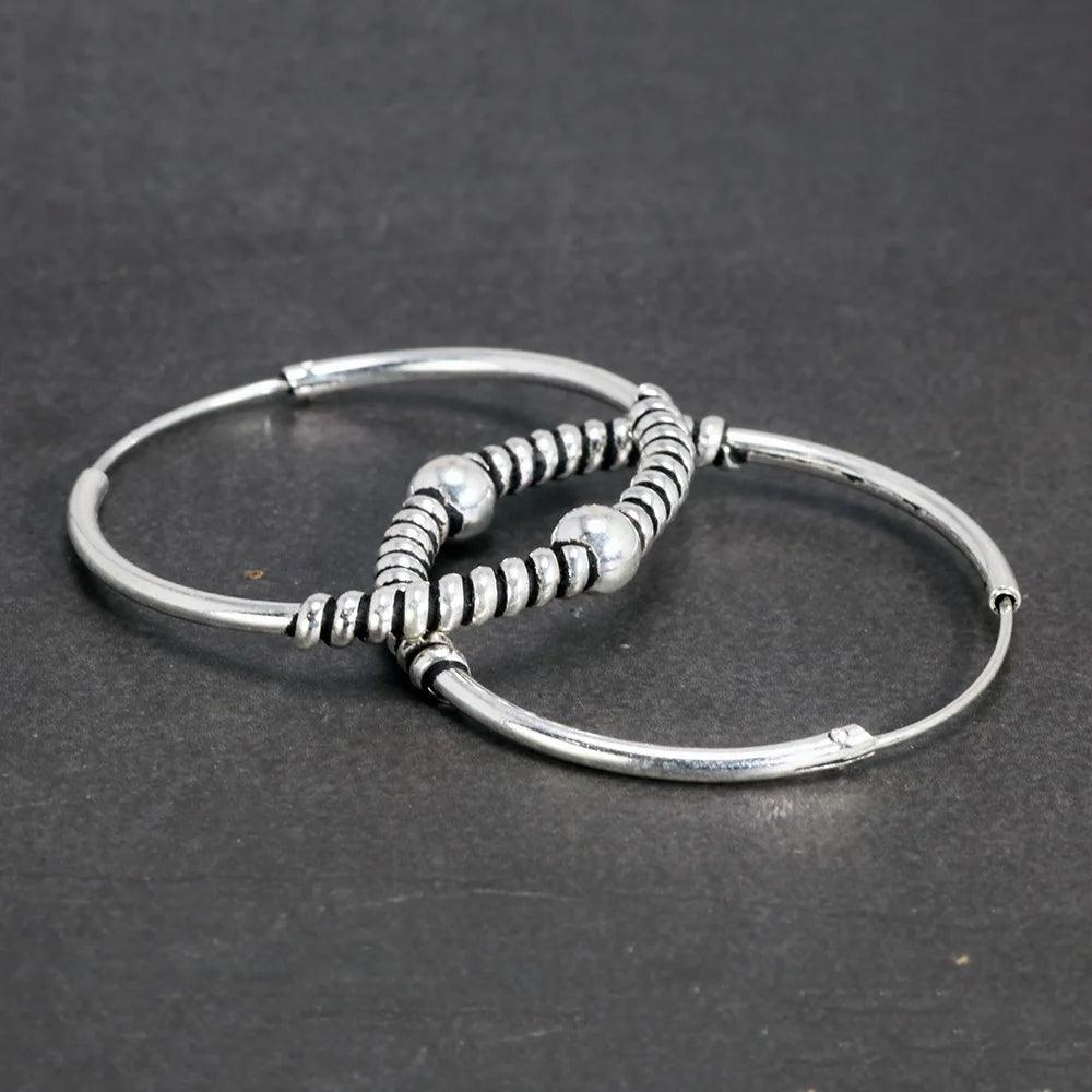 Real 925 Sterling Silver Round Earrings Fashion Hoop Circle Earrings With Coils Beads Handmade Jewelry Accessories - GQTORCH Jewelry