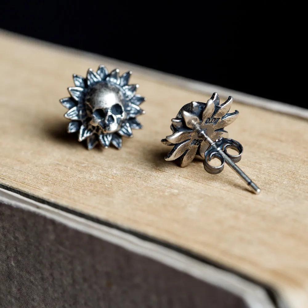 Real 925 Sterling Silver Skeleton Earrings For Women Sunflower Shape Gothic Punk Style - GQTORCH Jewelry