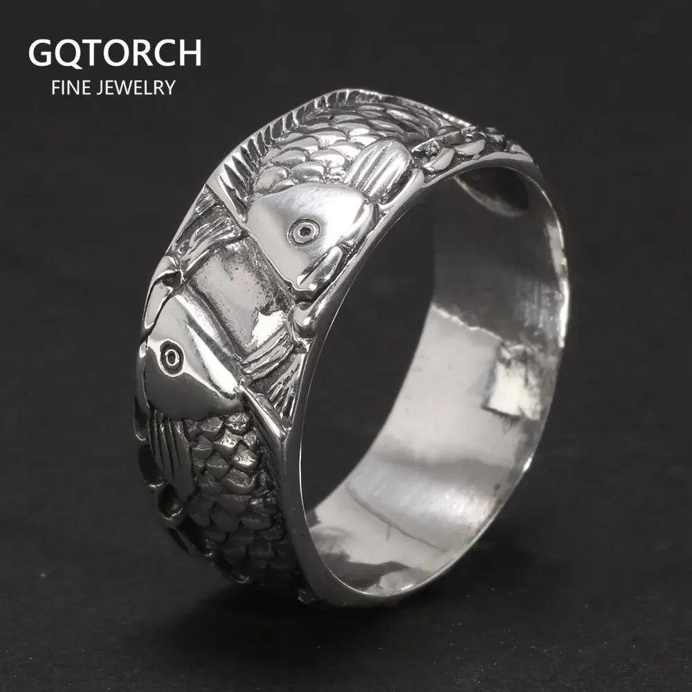 Real 925 Sterling Silver Jewelry Engraved Double Carp Fish Rings For Women and Men Lovers Couples Gift - GQTORCH Jewelry