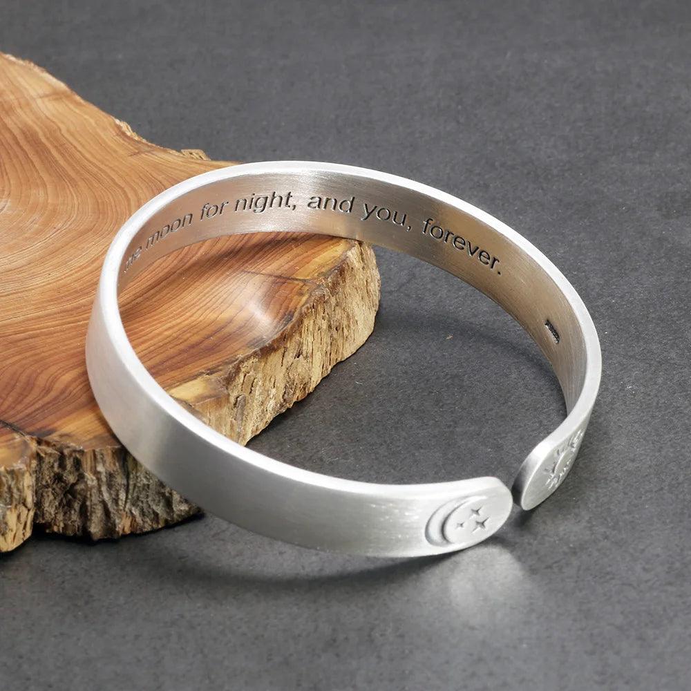 Solid 999 Sterling Silver Jewelry Couple Bangles for Lovers' Sun and Moon Engraved Design Retro Punk Steampunk Accessories - GQTORCH Jewelry