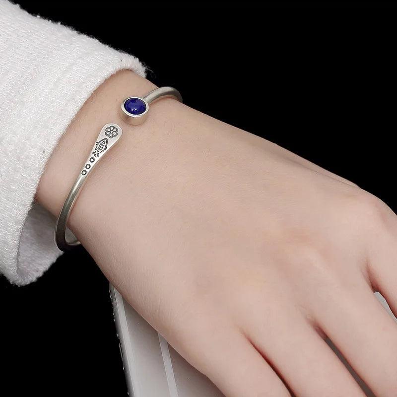 Real 925 Sterling Silver Women Cuff Bracelets Bangle Fish Engraved Natural Lapis Inlaid Tibetan Buddhism Jewelry - GQTORCH Jewelry