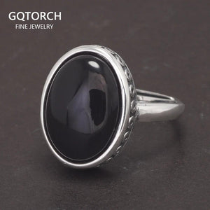 Vintage 925 Sterling Silver Rings Black Stone for Men and Women Oval Natural Agate Opening Type Fine Jewelry - GQTORCH Jewelry