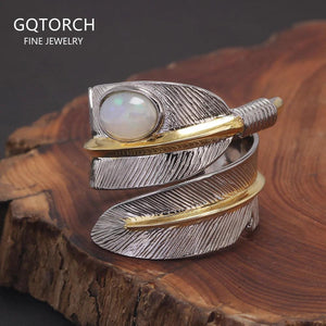 S925 Sterling Silver Vintage Leaf Feather Ring with Natural Oval Opal Two-tone Open Rings for Women Size 9-11 - GQTORCH Jewelry