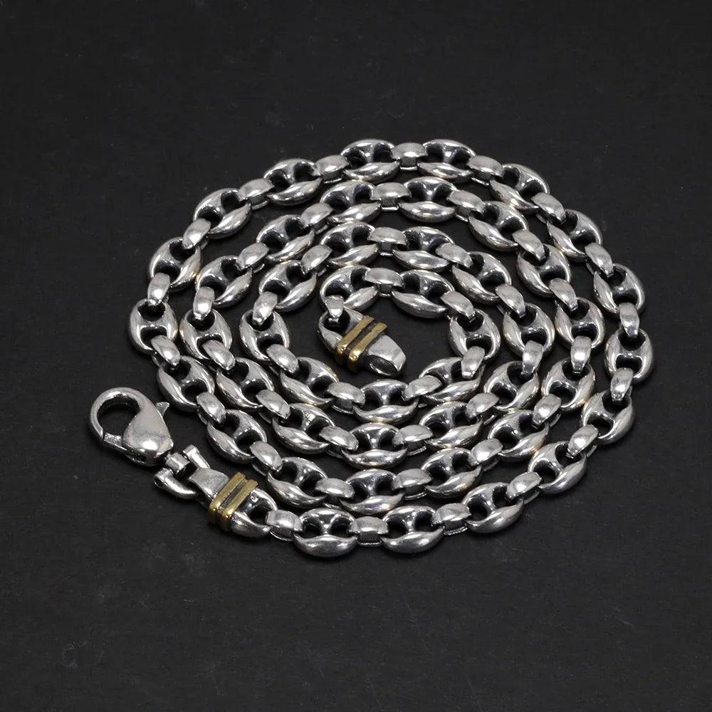 Solid 925 Sterling Silver 7mm Necklace Coffee Bean Chain for Men Retro Antique Punk Style Fine Jewelry - GQTORCH Jewelry