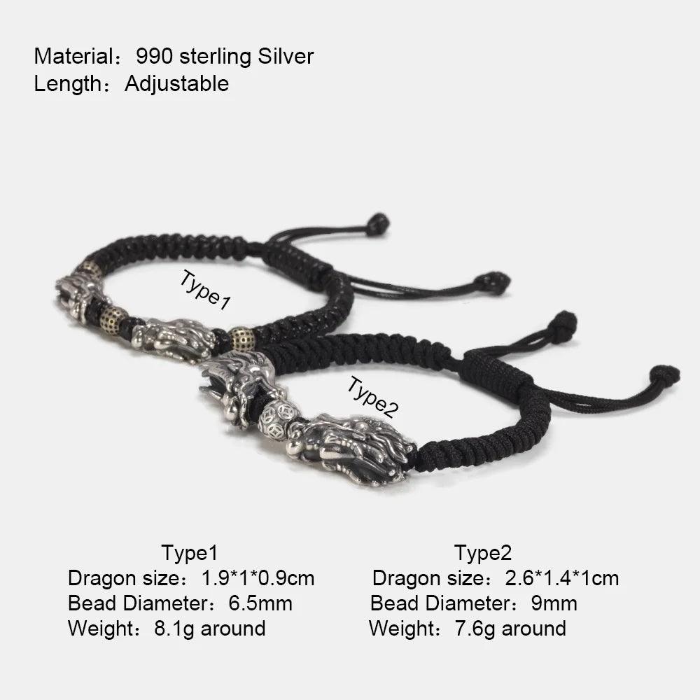 Sterling Silver 999 3D Double Dragon Head Bracelet for Men and Women Pure Handwoven Lucky Rope Bracelet Chinese Knot Jewelry - GQTORCH Jewelry