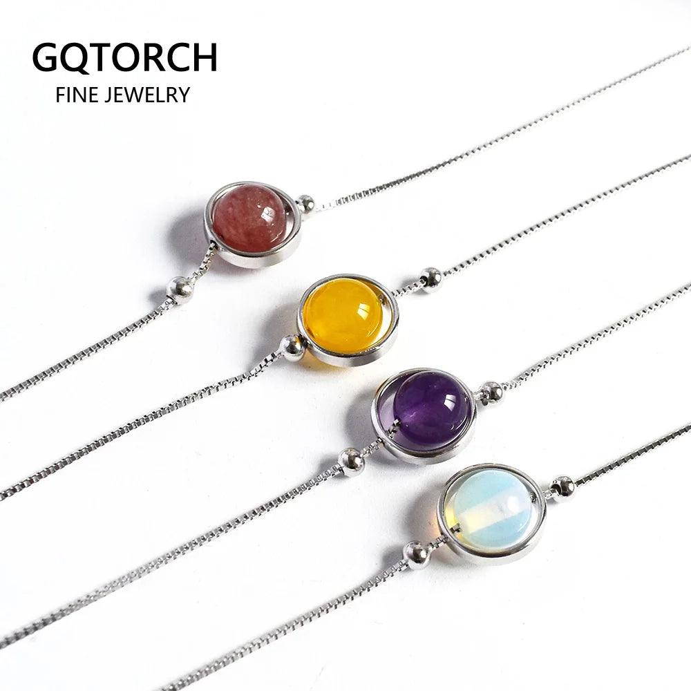 Natural Stone Ball Charm 925 Sterling Silver Box Chain Bracelets For Women Simple Minimalism Multi Color Real Crystal Bracelet - GQTORCH Jewelry