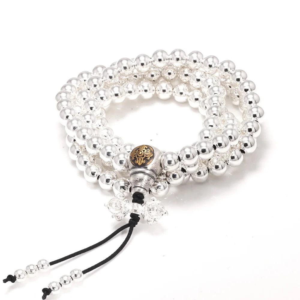 Real 925 Sterling Silver Multi Layers Round 108 Beads Bracelet For Women Buddhist Handmade DIY Beaded Jewelry - GQTORCH Jewelry