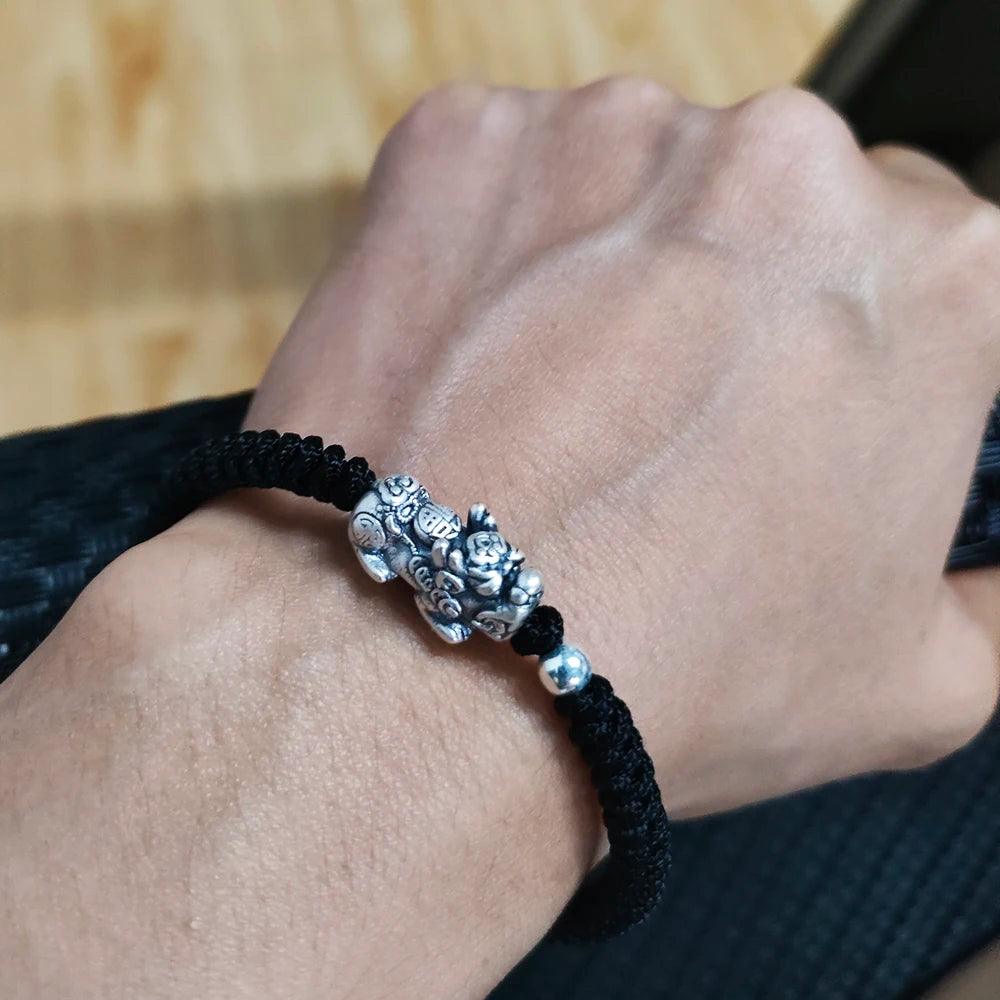 Hand braided Lucky Red Rope Bracelet 999 Sterling Silver 3D Pixiu Tibetan Buddhist Knot Adjustable Charm Bracelet - GQTORCH Jewelry