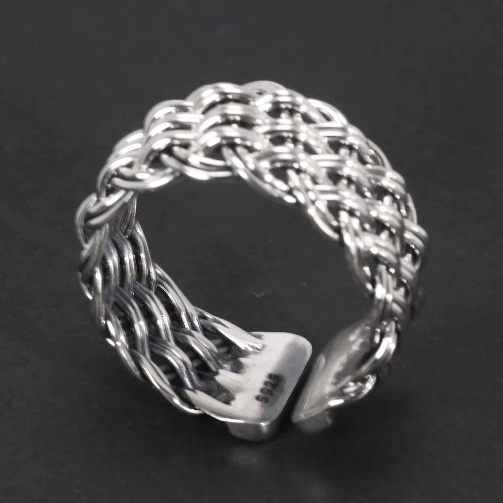S925 Sterling Silver 2-Thread Braided Ring Viking Band Adjustable Size 7-10 Handmade Jewelry - GQTORCH Jewelry