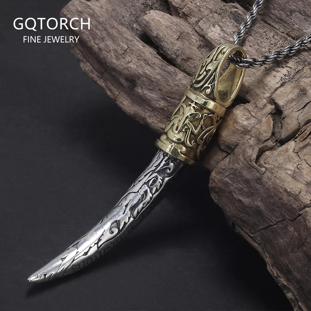 Real S925 Silver Vintage Wolf Tooth Pendant Necklace for Men Punk Rock Hiphop Fashion Animal Amulet Jewelry